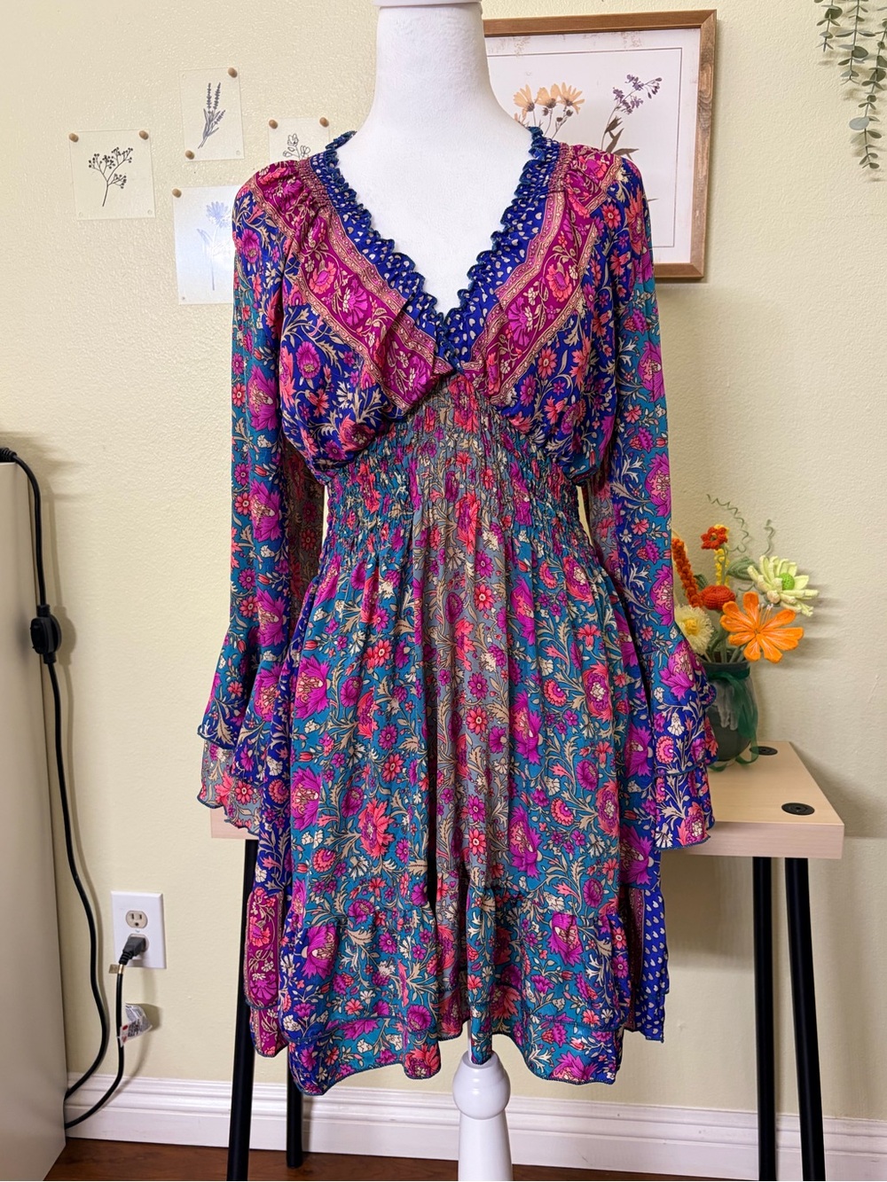 Karma Highway One Size Floral Boho Fairy Smocked Mini Dress Bell Sleeve Viscose